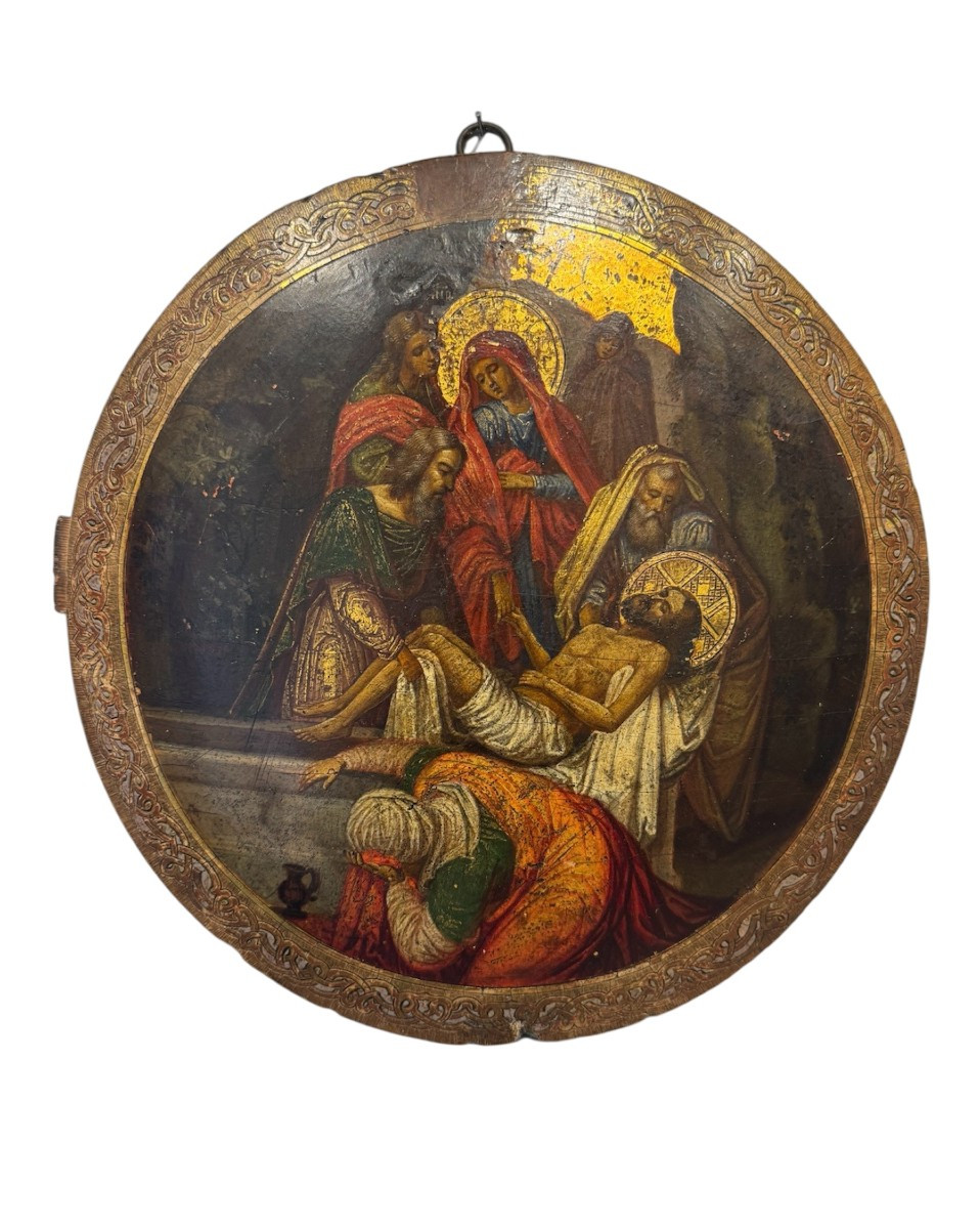 Dipinto olio su tavola del XVIII sec. raffigurante il compianto sul Cristo morto.