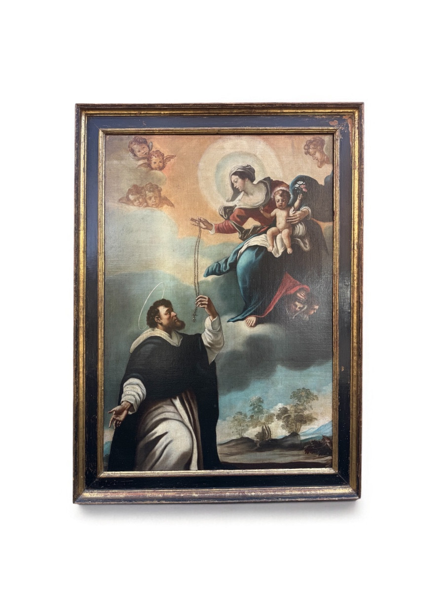 Presentazione del rosario a San Domenico da parte della Madonna, dipinto olio su tela, XVIII