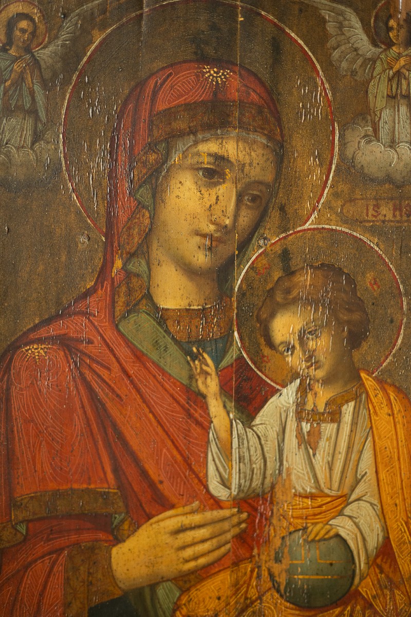Olio su Tavola, Madonna di Kazan al Bambino Salvatore Del Mondo - Veneto Cretese, XVII-photo-2