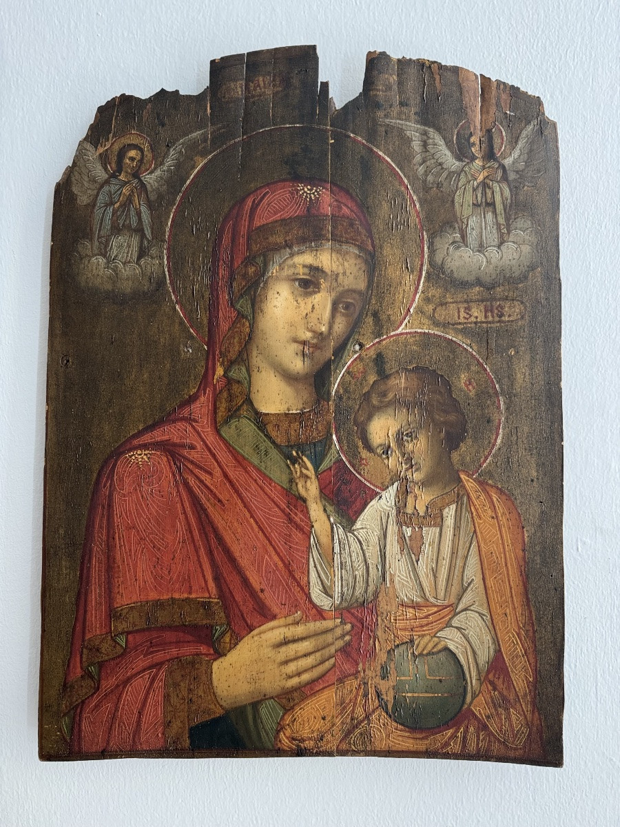 Olio su Tavola, Madonna di Kazan al Bambino Salvatore Del Mondo - Veneto Cretese, XVII-photo-5