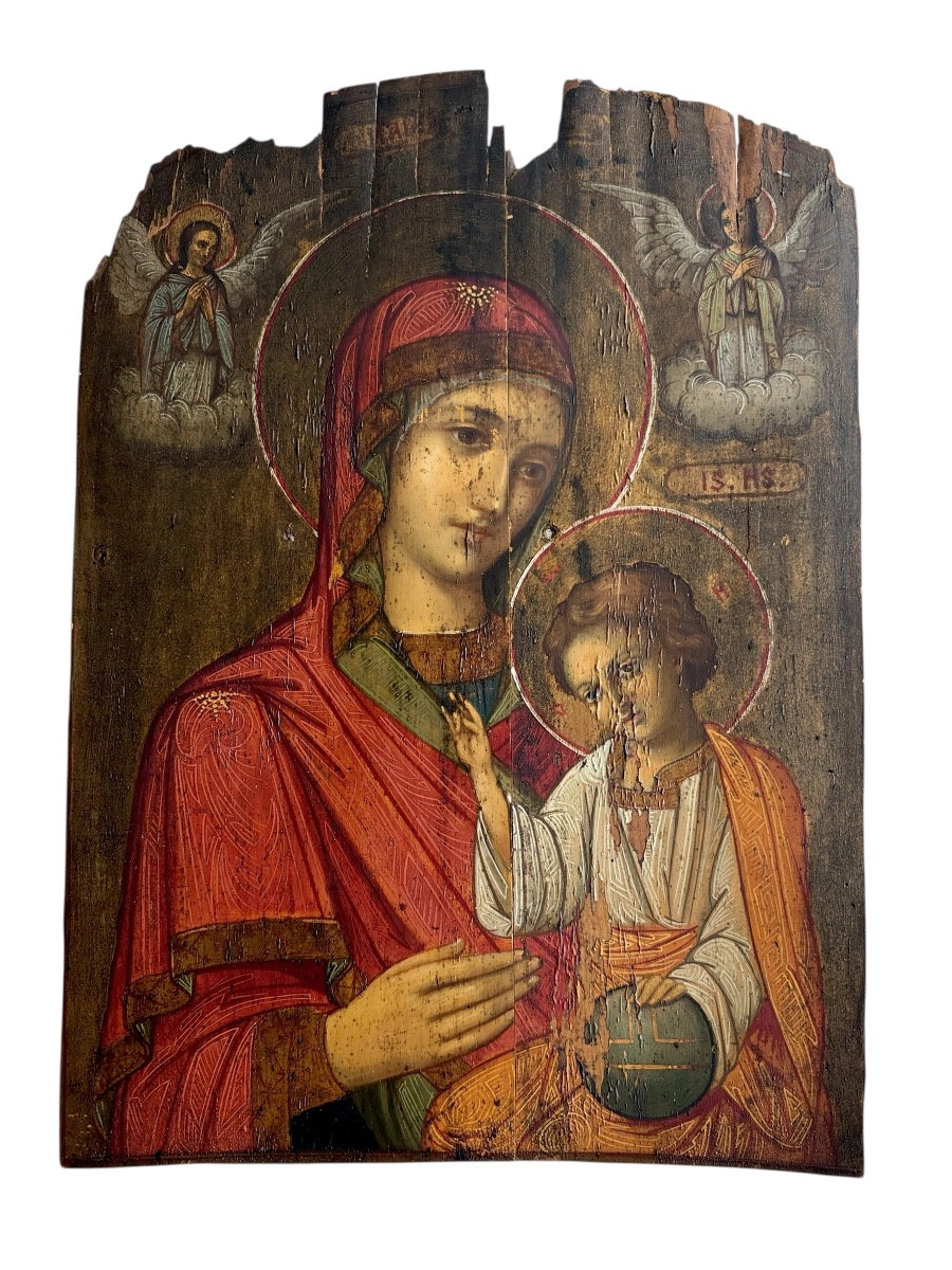 Olio su Tavola, Madonna di Kazan al Bambino Salvatore Del Mondo - Veneto Cretese, XVII