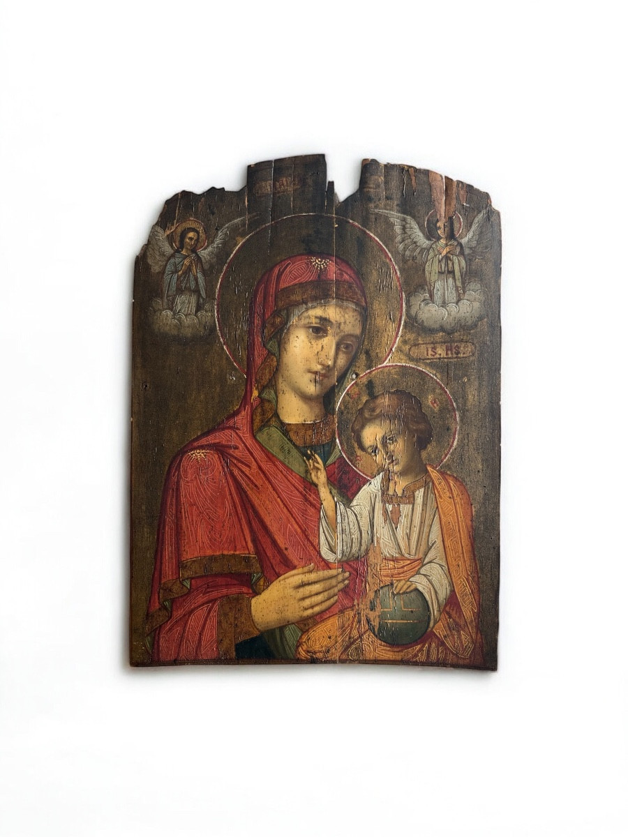 Olio su Tavola, Madonna di Kazan al Bambino Salvatore Del Mondo - Veneto Cretese, XVII