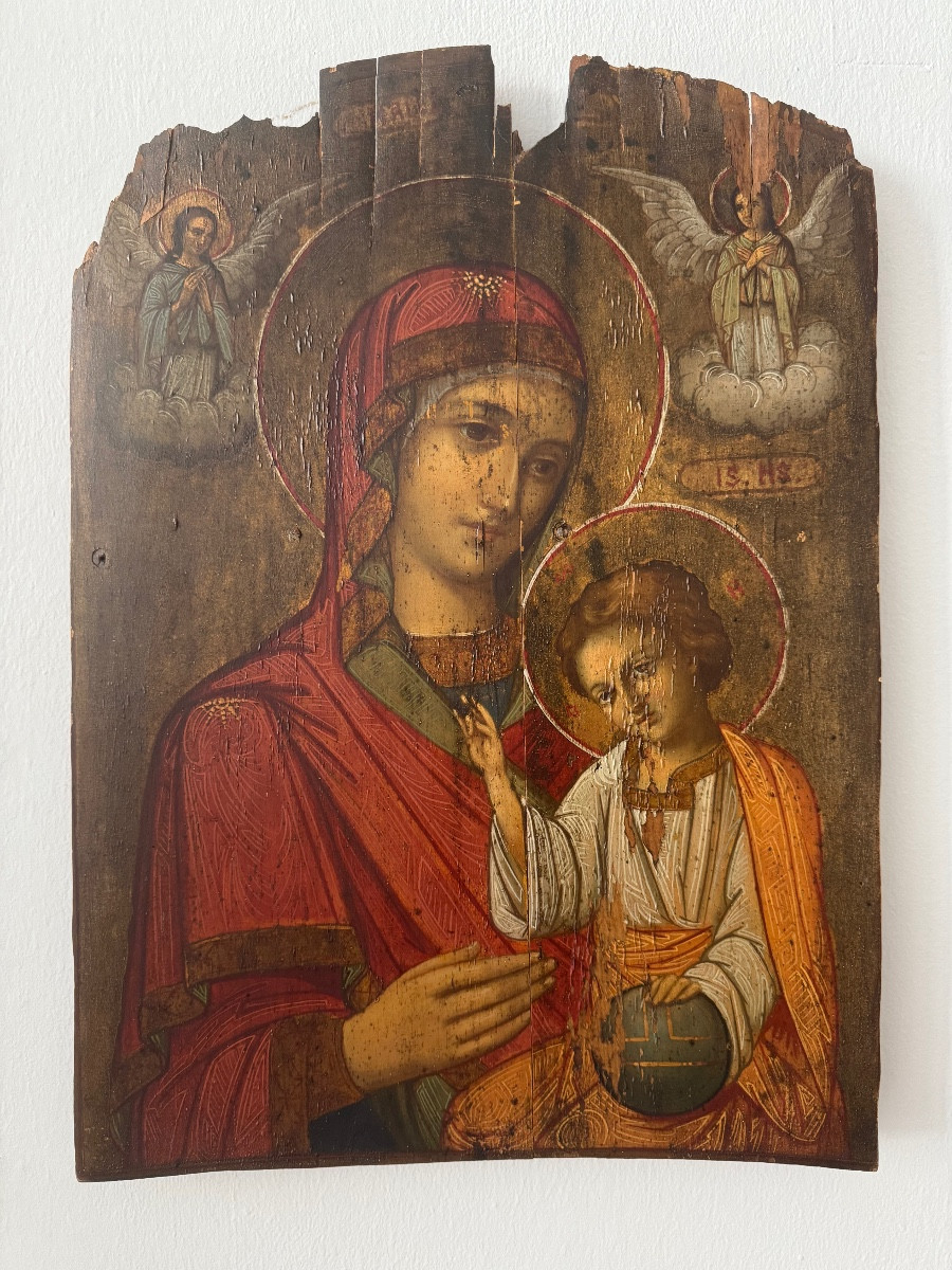 Olio su Tavola, Madonna di Kazan al Bambino Salvatore Del Mondo - Veneto Cretese, XVII