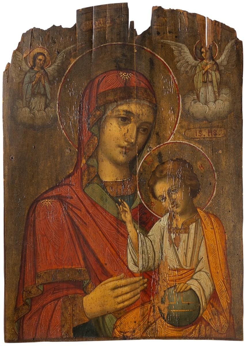 Olio su Tavola, Madonna di Kazan al Bambino Salvatore Del Mondo - Veneto Cretese, XVII