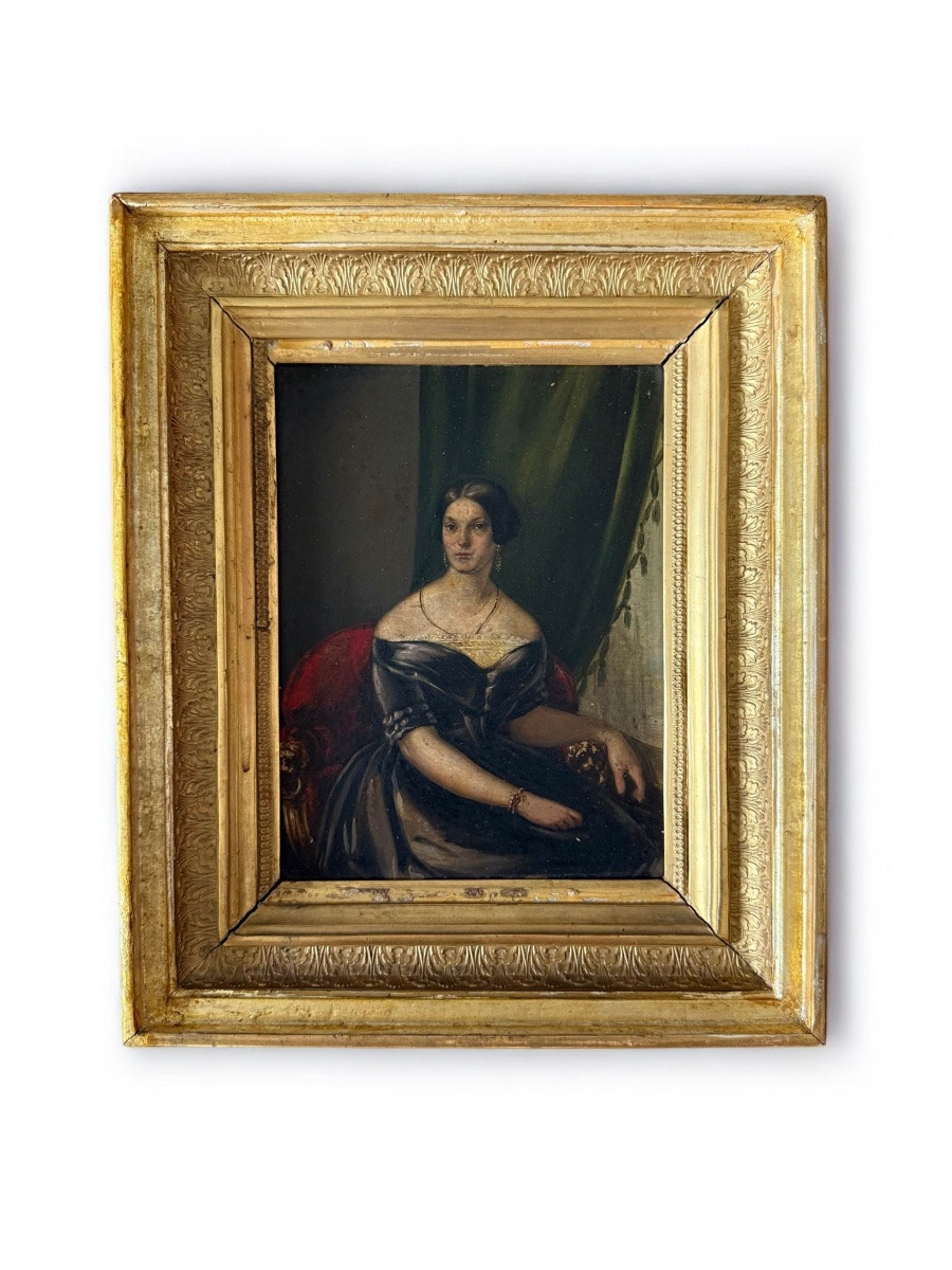 Ritratti borghesi, coppia di oli su legno - Scuola francese, XIX sec-photo-3