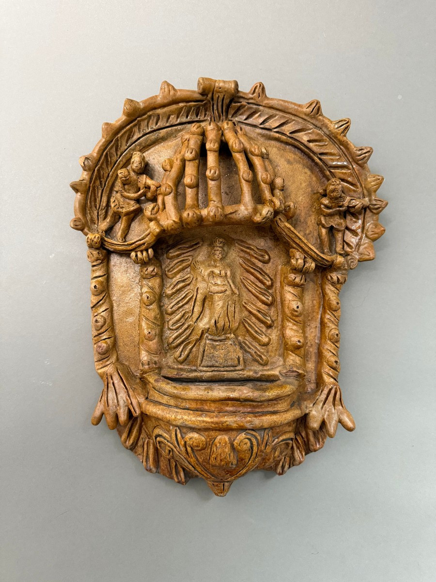 Rara acquasantiera ispano-moresca in terracotta - periodo XVIII secolo