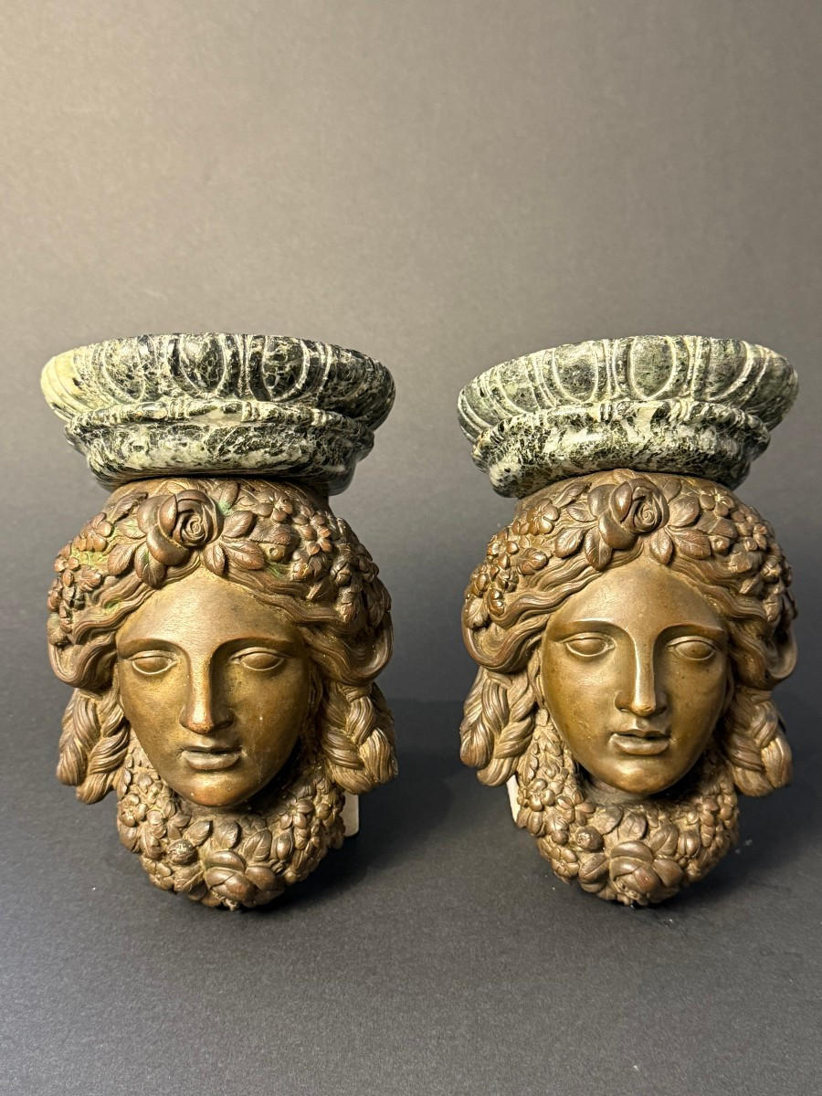 Coppia mensoline decorative in bronzo e marmo Verde Alpi - periodo prima metà del XIX secolo-photo-2