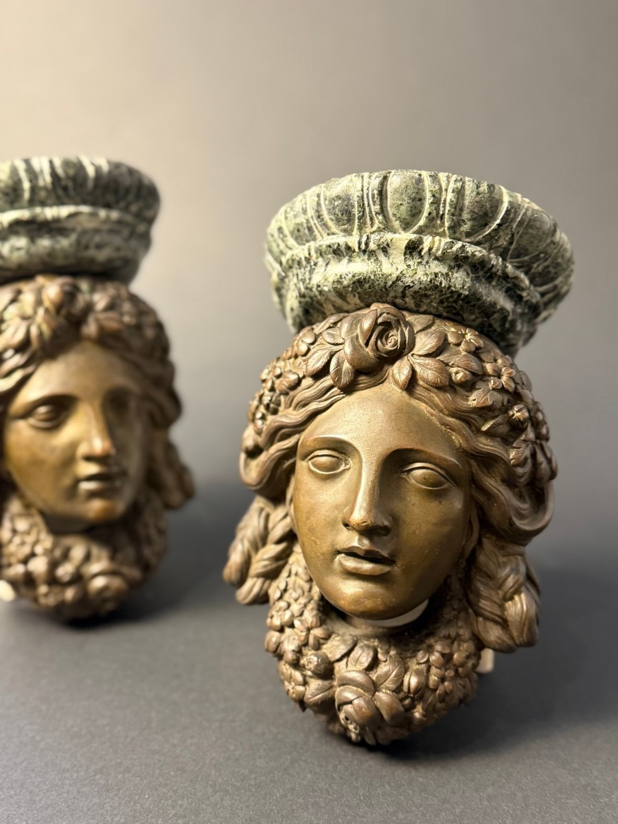 Coppia mensoline decorative in bronzo e marmo Verde Alpi - periodo prima metà del XIX secolo-photo-4