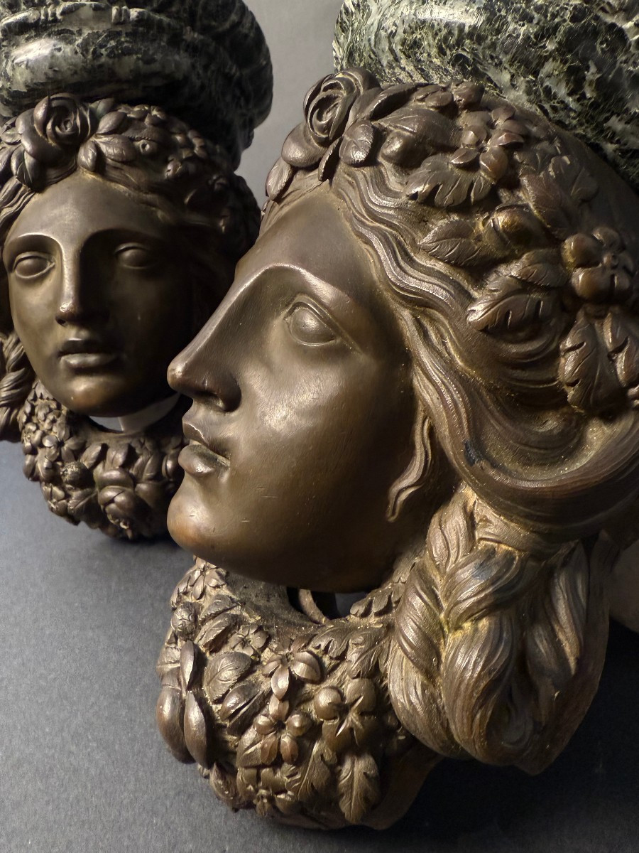 Coppia mensoline decorative in bronzo e marmo Verde Alpi - periodo prima metà del XIX secolo-photo-2