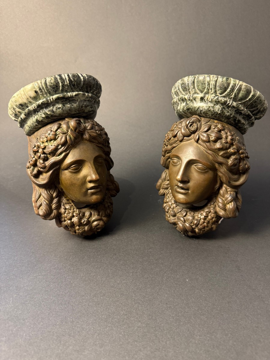 Coppia mensoline decorative in bronzo e marmo Verde Alpi - periodo prima metà del XIX secolo-photo-6