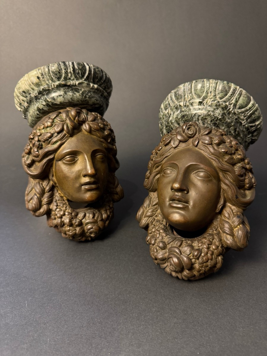 Coppia mensoline decorative in bronzo e marmo Verde Alpi - periodo prima metà del XIX secolo-photo-8