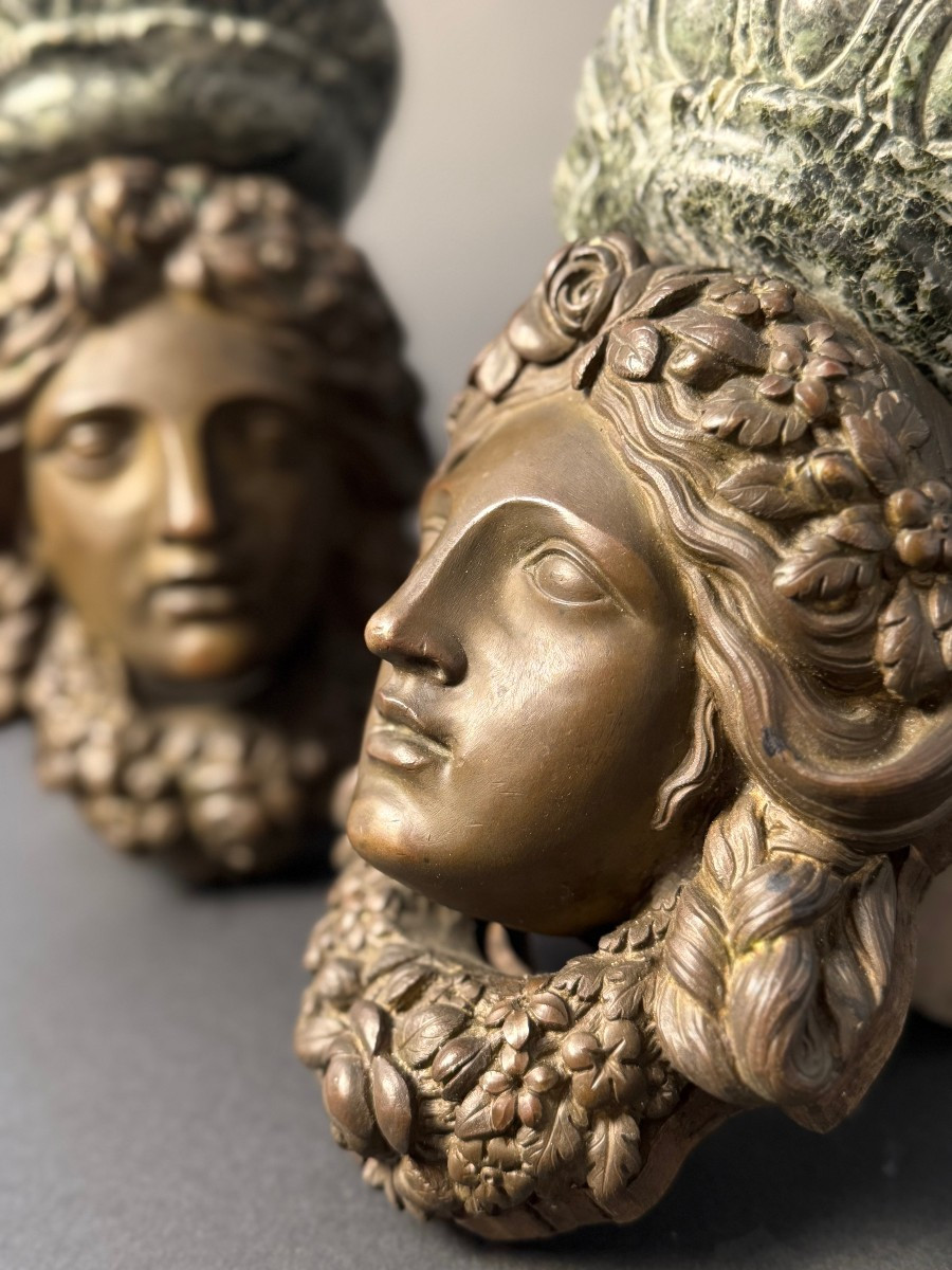 Coppia mensoline decorative in bronzo e marmo Verde Alpi - periodo prima metà del XIX secolo