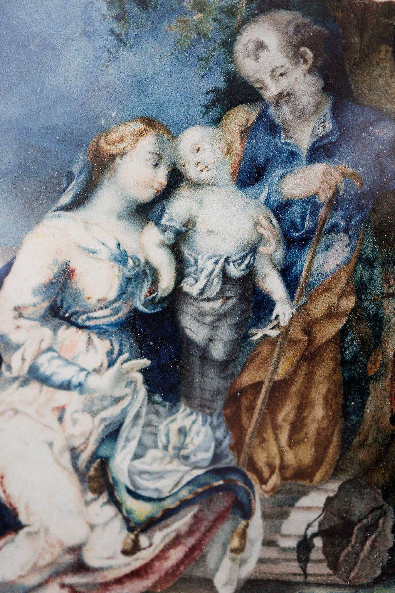 Dipinto su pergamena raffigurante la Sacra Famiglia - Italia centrale XVII secolo -photo-2