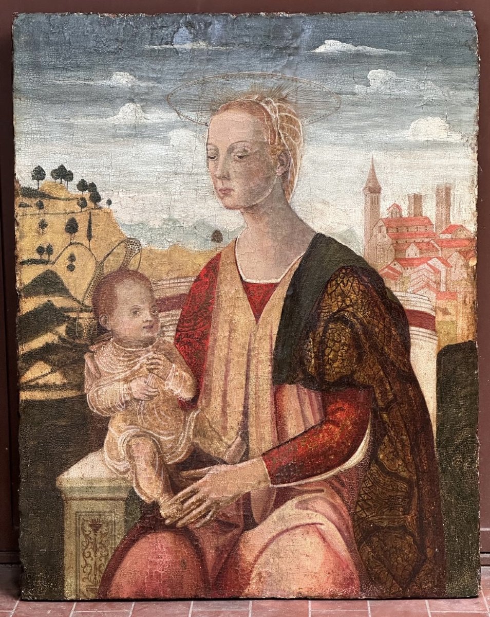 Dipinto olio su tavola raffigurante Madonna con bambino - probabile XVII secolo. Toscana -photo-2
