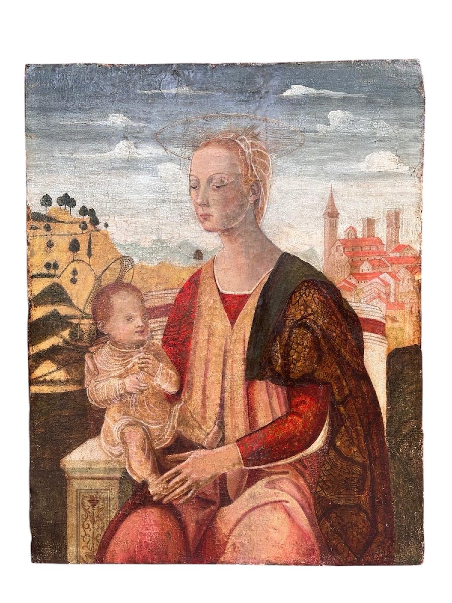 Dipinto olio su tavola raffigurante Madonna con bambino - probabile XVII secolo. Toscana 