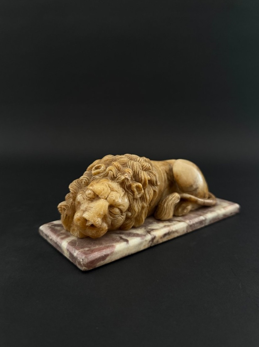 Scultura raffigurante leone in alabastro con base in marmo - XVIII secolo. Toscana