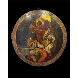 Dipinto olio su tavola del XVIII sec. raffigurante il compianto sul Cristo morto.