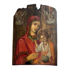 Olio su Tavola, Madonna di Kazan al Bambino Salvatore Del Mondo - Veneto Cretese, XVII
