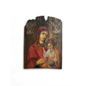 Olio su Tavola, Madonna di Kazan al Bambino Salvatore Del Mondo - Veneto Cretese, XVII
