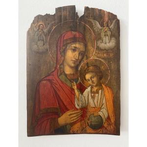 Olio su Tavola, Madonna di Kazan al Bambino Salvatore Del Mondo - Veneto Cretese, XVII