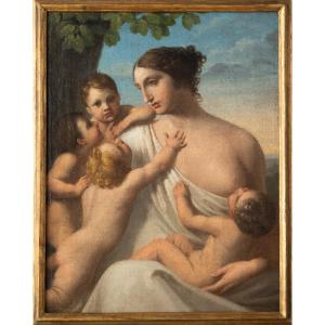 Dipinto olio su tela raffigurante allegoria della carità - XVIII secolo