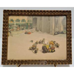 Andre Devambez Watercolor Lithograph Painting "new Year's Day" Caricature