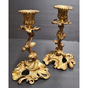 Victor Raulin Pair Of Gilded Bronze Candlesticks, Rococo Style, Late 19th Century