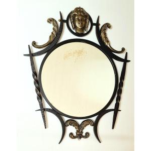 Mirror With Gilded And Blackened Bronze Mascaron In The Style Of Poillerat, Vintage 1940s