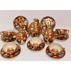 Satsuma Japan Moriage Stoneware Tea Set Signed Shimazu 19th Century Goddess Kannon And Dragon