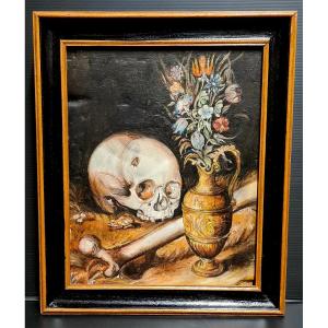 Vanity Painting Still Life Oil On Panel Blackened Wood Frame