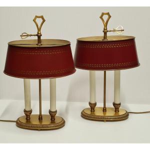 Pair Of Louis XVI Style Bouillotte Lamps In Gilded Bronze With Painted Sheet Metal Shades 
