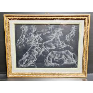 René Bollinger Double-sided Engraved Slate Painting Horses And Exotic Scene Gay Male Nude 