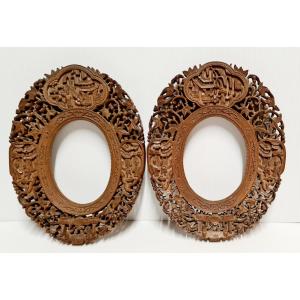 Pair Of Chinese Cantonese Carved Wood Photo Frames