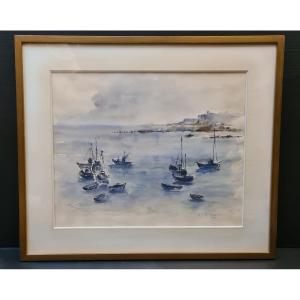 Anne Millasson Marine Painting, Watercolor Drawing, Breton School