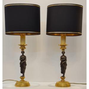 Pair Of Neo-classical Bronze Caryatid Lamps 
