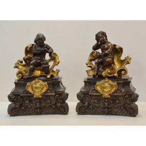 Pair Of Andirons With Gilt Bronze Putti, 19th Century, Louis XV Style