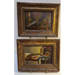Still Life Weapon Revolution Painting XIXth In Pair
