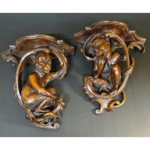 Exceptional Pair Of Wall Consoles With Monkeys XVIII Eme