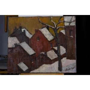 Oil On Canvas "hamlet Under The Snow"