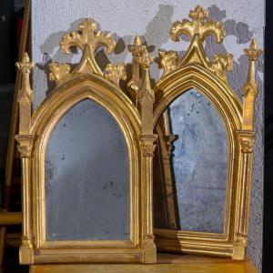 Pair Of Neo-gothic Mirrors In Golden Wood
