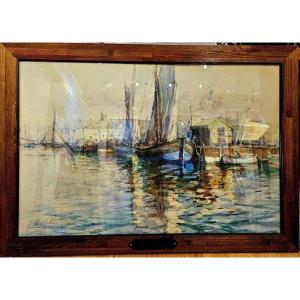 Gilbert Galland (1870 - 1956) Watercolor The Port Of Marseille