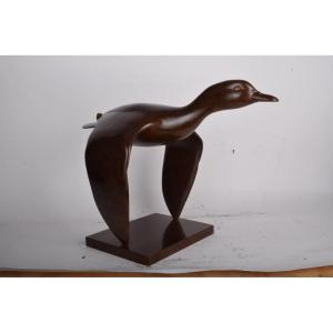 Original Bronze By Yvan Larsen (1924 - 2021) "green-necked Duck In Flight" 