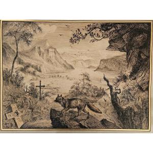 Pen Drawing, Wolf In The Mountains In Front Of A Lake, Dated 1857, Monogram? 