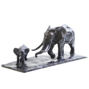 Original Bronze By Damien Colcombet "african Elephant And Baby Elephant" Last Copy!!