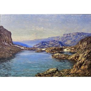 Oil On Canvas By Charles Alexandre Bertier, Lake Cornu, Chamonix, 38 X 55 