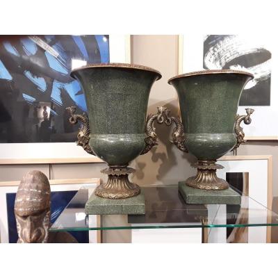 Pair Of Medici Earthenware And Bronze Vases