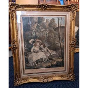 Large Engraving Entitled "the Two Cages" In The Taste Of The Eighteenth Century