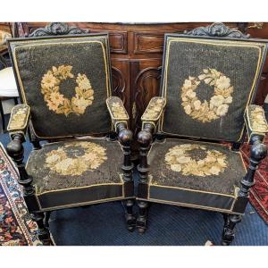 Pair Of Louis XIII Style Armchairs In Blackened Wood, Napoleon III Period.
