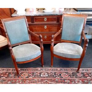 Pair Of Empire Period Swan Neck Armchairs In Solid Mahogany.