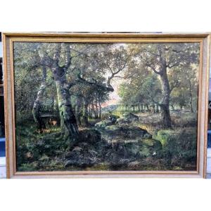 Very Large Oil On Canvas With The Subject Of A Hunt In The Undergrowth, Late 19th Century, 180 X 130 
